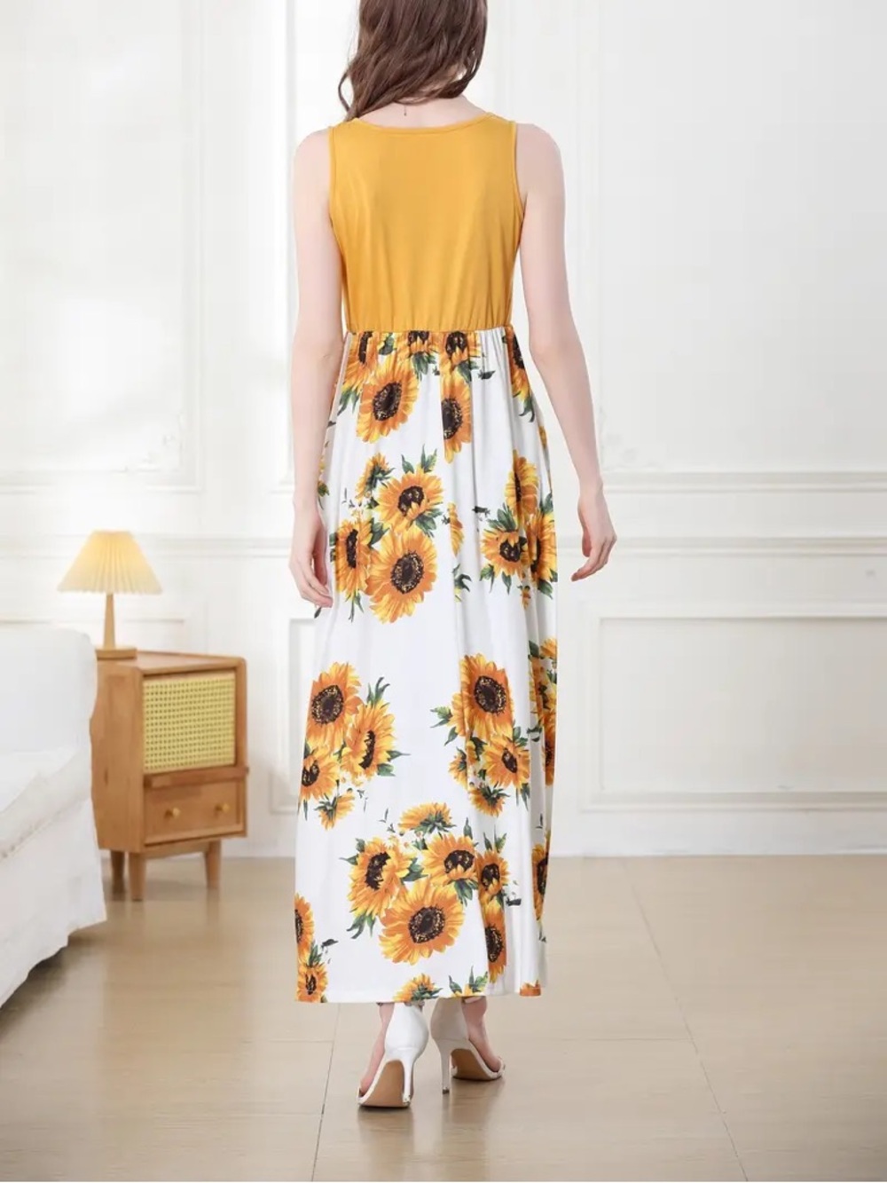 Cotton blend Yellow Tank Top Sunflower Maxi Dress with pockets